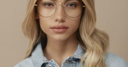 Blonde model in stylish denim jacket and glasses, showcasing modern fashion trends with a neutral backdrop.