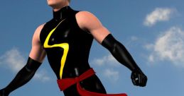 MrMaveland, a superhero in a sleek black suit, flying through a blue sky with clouds, showcasing powers and dynamic action.