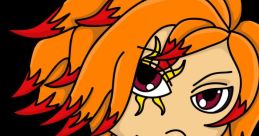 Chibi character Hiraku-san with vibrant orange hair and a shuriken, wearing a dark cloak against a black background.
