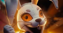 Vanny, the stitched bunny character, holds a knife, showcasing a playful yet eerie vibe in a vibrant setting.