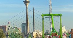 Vibrant kermis scene featuring a bustling crowd, funfair rides, and iconic skyline landmarks under a clear blue sky.