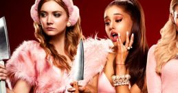 Scream Queens cast in pink costumes holding knives, combining fashion with horror for a unique comedy series look.