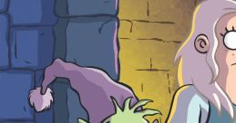 Surprised green goblin character from "Disenchantment" sitting beside a woman in a whimsical fantasy setting.