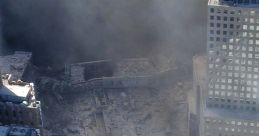 WTC aftermath with debris and emergency services personnel, highlighting the impact of the disaster on the surrounding area.