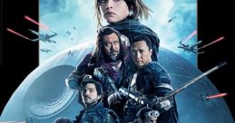Main characters from Rogue One gather, showcasing diverse Rebel heroes against a backdrop of the Death Star and starships.