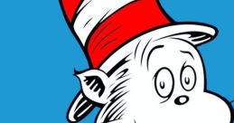 Iconic character from "The Cat in the Hat" with a tall red and white striped hat and a cheerful expression against a blue background.