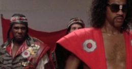 Iconic scene from "The Last Dragon" featuring characters in striking martial arts attire and bold accessories.