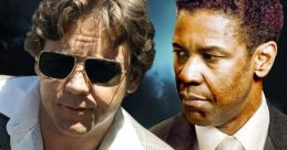 Denzel Washington and Russell Crowe in "American Gangster," showcasing their roles against a city skyline backdrop.
