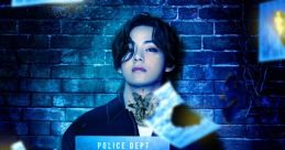 V from BTS poses dramatically with a police badge and floating documents, embodying the theme "ButDon'tCallMeThatLoL.