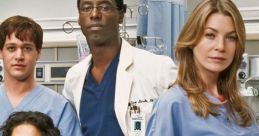 Main characters from "Grey's Anatomy," dressed in scrubs, standing together in a hospital setting, showcasing teamwork and camaraderie.