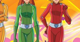 Totally Spies in colorful uniforms: Sam, Clover, and Alex showcase their iconic looks against a vibrant background.