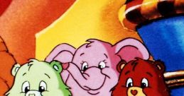 Three colorful Care Bears, including a green bear with a clover, a pink bear, and a brown bear with a heart, smiling together.