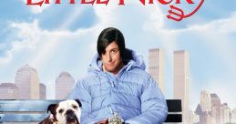 Little Nicky sits on a park bench with a bulldog, surrounded by cityscape and flames, showcasing a comedic scene.