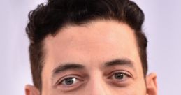 Rami Malek posing in a stylish black suit, showcasing his signature curly hairstyle and expressive eyes.