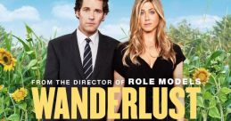 Couple in formal attire amidst sunflowers, promoting "Wanderlust," a comedy about escaping life's baggage and exploring freedom.