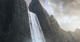 Tom Cruise stands in a desolate landscape with a waterfall and futuristic pod, promoting the film "Oblivion.