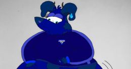 Blue cartoon dog with a round belly, humorously showcasing blueberry inflation theme in a playful style.