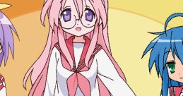 Three characters from "Lucky Star," showcasing their signature school uniforms and expressive personalities. Anime fan favorite!
