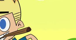 Johnny Test joyfully runs with a stick in hand, showcasing his adventurous spirit in a vibrant cartoon landscape.