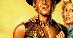 Crocodile Dundee poses confidently with a charming woman, showcasing rugged style and iconic Aussie adventure spirit.