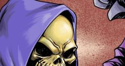 Skeletor flaunts his menacing grin, cloaked in purple, holding his staff, embodying the essence of classic villainy.