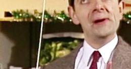 Mr. Bean humorously gestures with a stick in a market, showcasing his iconic comedic style and quirky personality.