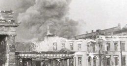 Soldier lying on rubble in Berlin, smoke rising in the background, capturing the devastation of the Fall of Berlin.