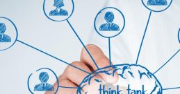 Hand drawing a brain with "think tank" surrounded by interconnected icons representing collaboration and innovation.