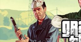 Character from Grand Theft Auto V holding a weapon, set against an urban backdrop with vehicles and power lines.