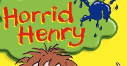 Horrid Henry, the mischievous character, joyfully splashes blue paint on a bright yellow background. Fun and chaos await!