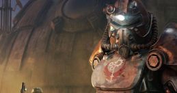 Powerful armored figure in Fallout 76, wielding a glowing weapon, against a desolate wasteland backdrop. Explore the apocalypse.