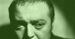Peter Lorre’s expressive face in a shadowy green tone, capturing his iconic mysterious presence and intense performances.
