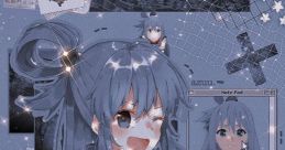 Cheerful anime character with blue hair in a dreamy collage, showcasing elements of "dino wibu 2" aesthetic.