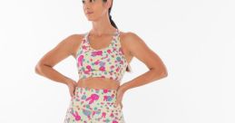Model in vibrant "Hey Bunny" activewear set, featuring pastel colors and playful bunny patterns, styled for fitness and fun.