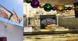 Decorative Mardi Gras beads adorn a New Orleans dessert shop, showcasing delightful pastries and sweets in the display case.