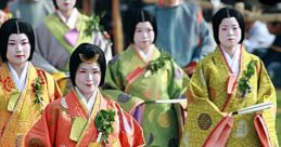 Women in vibrant traditional Aoi costumes participate in a Japanese festival, showcasing rich cultural heritage and elegance.