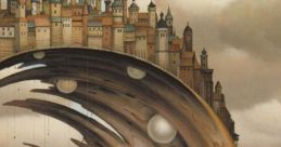 Surreal landscape featuring a city on a crest, mystical waves, and a ship navigating the enchanting waters below.