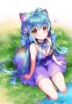 Cute anime girl with blue hair, cat ears, and a purple dress, sitting in a grassy field surrounded by flowers.