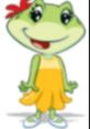 Cheerful green cartoon frog character in a yellow dress, exuding a friendly demeanor and vibrant personality.