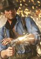 Arthur Morgan in action, wielding a revolver, sparks flying, embodying the spirit of a classic outlaw in a tense moment.
