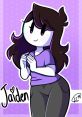 Cartoon character Jaiden from Jaiden Animations, smiling, wearing a purple shirt and black pants, with a purple background.