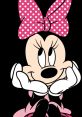 Minnie Mouse with a pink polka dot bow, smiling and resting her chin on her hands against a black background.