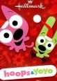 Hoops and Yoyo celebrate the holidays with fun expressions, wearing festive hats on a vibrant background.
