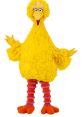 Big Bird, portrayed by Matt Vogel, stands cheerfully with bright yellow feathers and vibrant pink-striped legs on Sesame Street.
