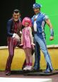 Sportacus and characters from LazyTown in vibrant costumes, showcasing fun and energy in a Miami dubbing context.