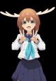 Cheerful character from "Shikanoko Noko" flashing peace signs, featuring deer antlers and vibrant school uniform.