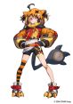Anime character with a playful outfit featuring orange and black accents, standing confidently alongside a small companion.