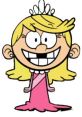 Lola Loud smiles brightly, wearing a pink princess dress and tiara, showcasing her cheerful personality from The Loud House.