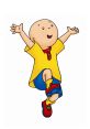 Caillou happily dancing with arms outstretched, wearing a yellow shirt and blue shorts, embodying childhood joy.