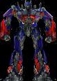 Optimus Prime stands tall in blue and red armor, showcasing his iconic design from the Transformers film trilogy.